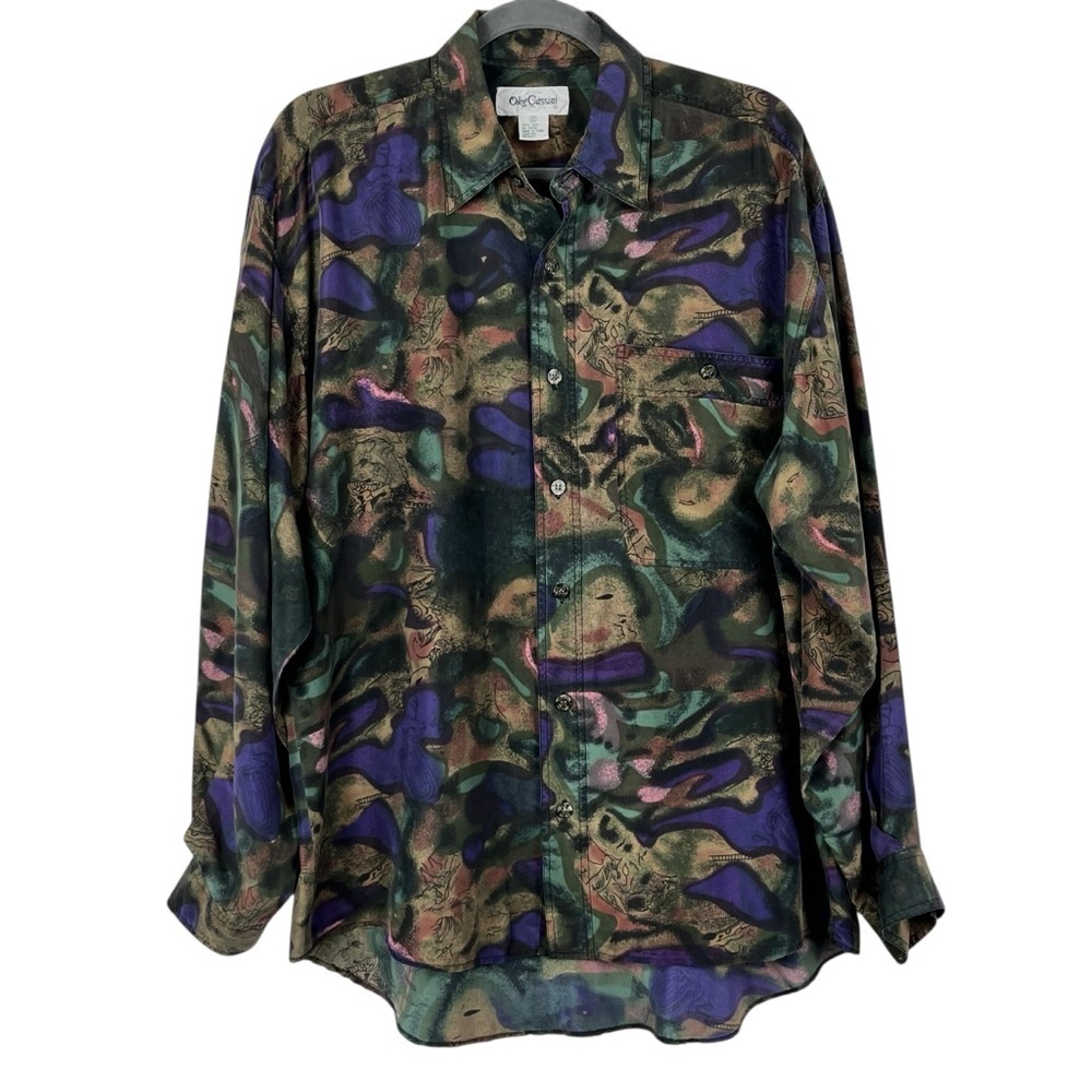 Vintage Oleg Cassini 100% Silk Purple & Green Casual Button Down Shirt Small